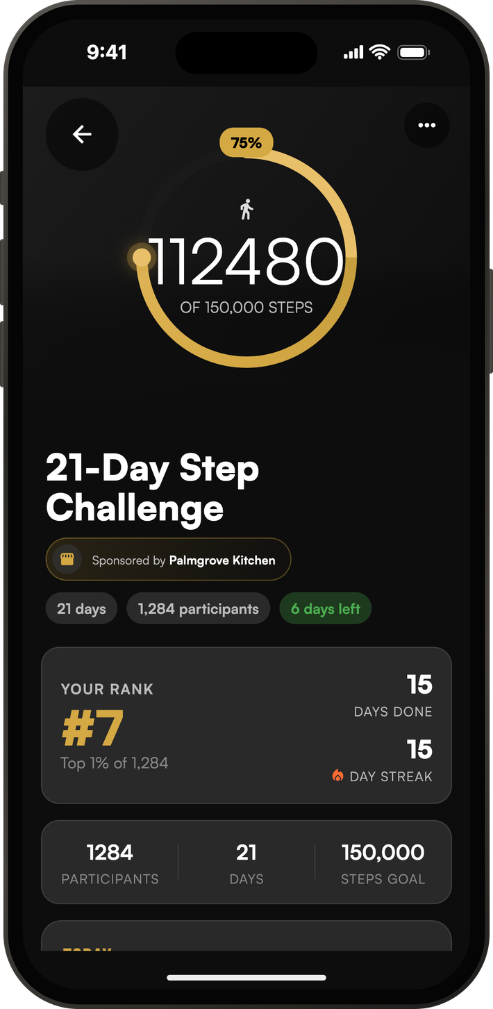 A sponsored 21 day step challenge in the Doer app, 75 percent complete, ranked 7th of 1,284