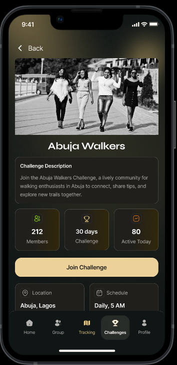 Doer Abuja Walkers group challenge screen