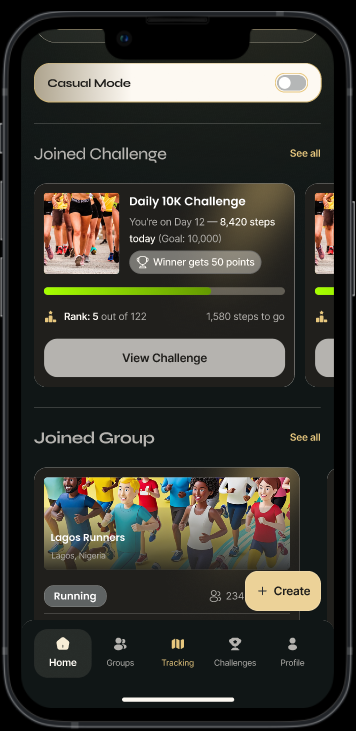 Doer home screen showing joined challenges and groups