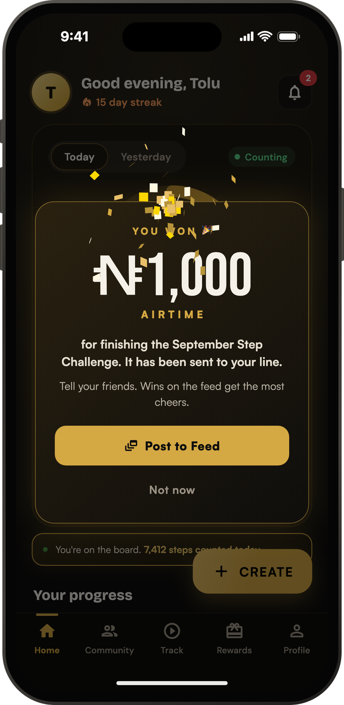 Doer reward screen announcing a 1,000 naira airtime win for finishing a step challenge